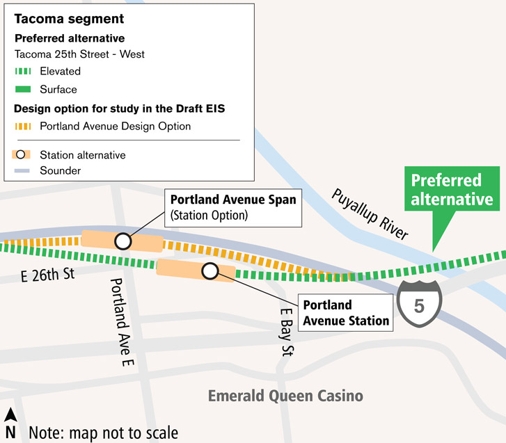 Representative map of Portland Avenue route and station alternatives. The preferred route alternative passes through a station alternative located between Portland Ave E and E Bay St. A second station alternative spans the road of Portland Ave E and is adjacent to Sound Transit Sounder tracks. Click map to view a full-size PDF map.