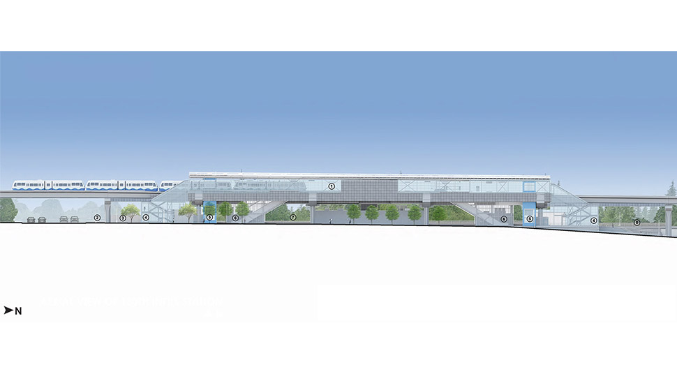 Horizontal view of the Northeast 130th Street Station, highlighting the location of the platform, entrances, bike storage, stairs, plaza, escalators and elevators. Click image link to view a full-size JPEG.