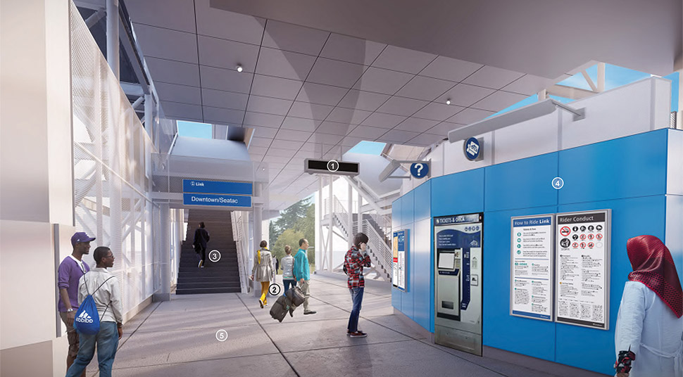 Image of the north lobby at the Northeast 130th Street Station, featuring real-time information, information kiosks and card readers. Click image link to view a full-size JPEG.