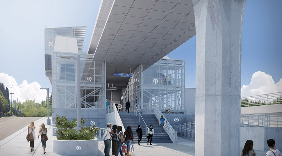 North plaza entrance of the Northeast 130th Street Station, featuring a boarding platform over the plaza and station body that shows a bioretention planter, bike storage, stairs and ADA ramp. Click image link to view a full-size JPEG.