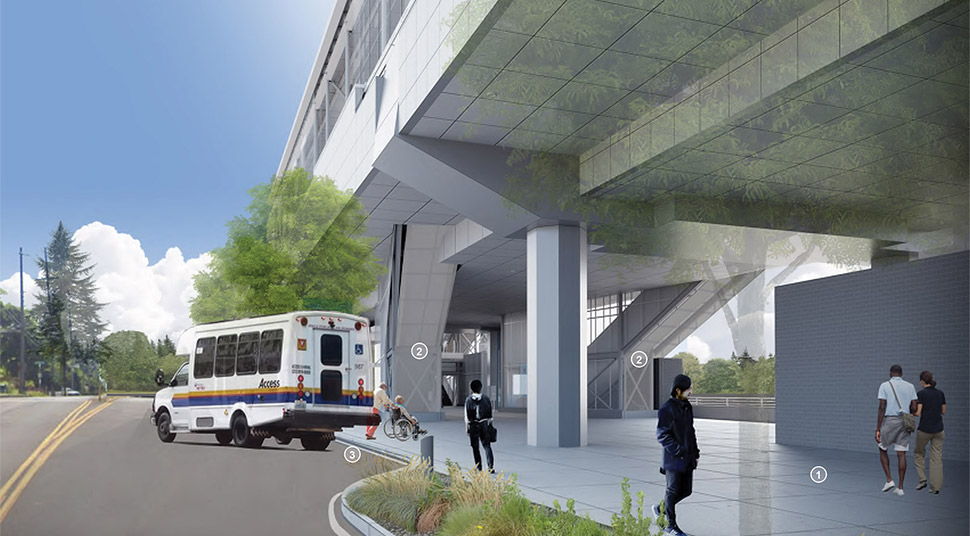Image of the para-transit drop-off section of the Northeast 130th Street Station, featuring the plaza, escalator and an example of para-transit (shuttle). Click image link to view a full-size JPEG.