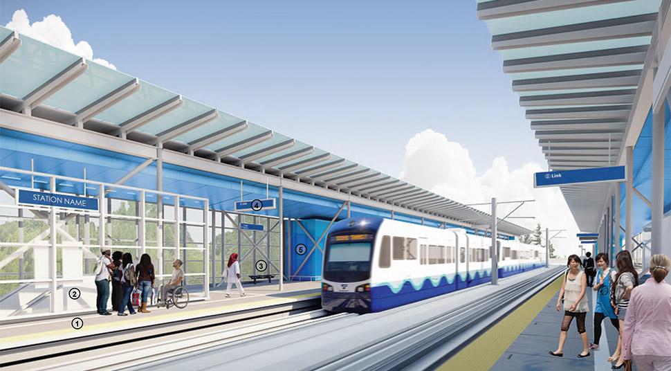 Imagen que presenta la estación Northeast 130th Street hacia el sur, con los paneles de la estación en color azul. Haga clic en el enlace de la imagen para verla en formato JPEG en tamaño completo.