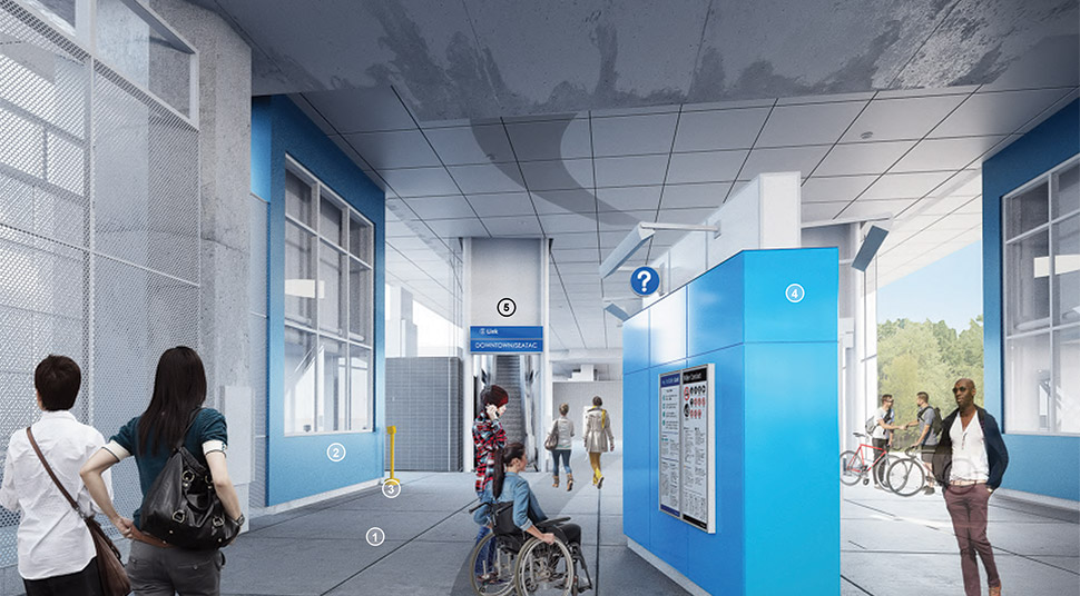 Imagen que presenta el vestíbulo norte de la estación Northeast 130th Street, con los paneles de la estación en color azul. Haga clic en el enlace de la imagen para verla en formato JPEG en tamaño completo.