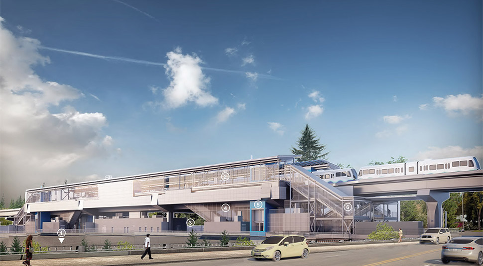 View of Northeast 130th Street Station from the overpass, highlighting design elements such as the platform, plaza, escalator, elevator and stairs. Click image link to view a full-size JPEG.