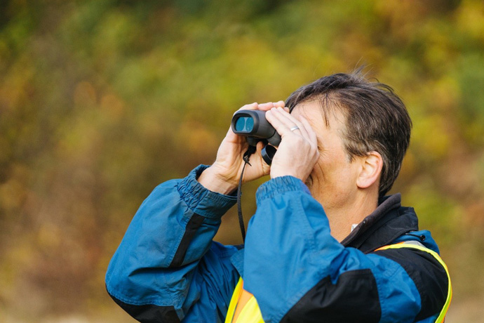 A man holding binoculars performs fieldwork by conducting a visual assessment of the surrounding wildlife species and habitat.